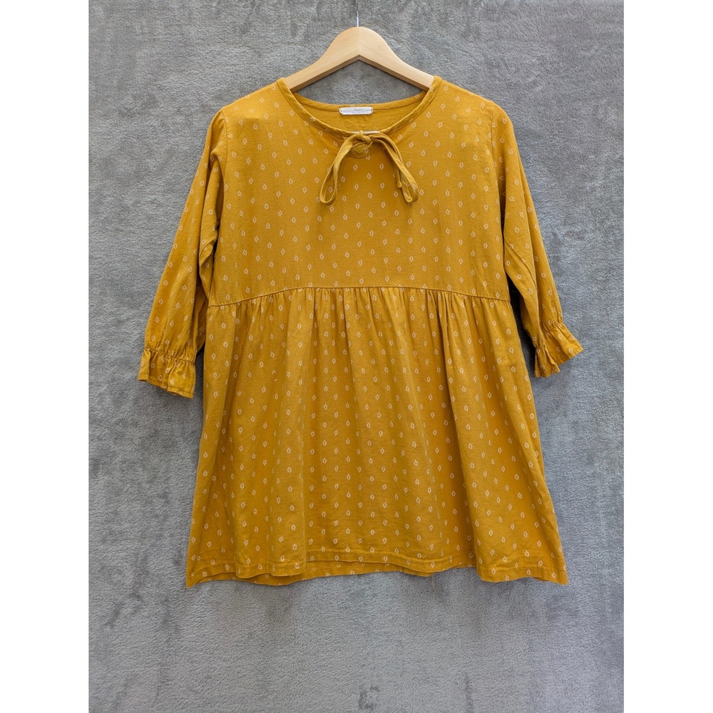 Cottagecore Babydoll Tunic Top Women M Mustard Yellow Floral Tie Neck